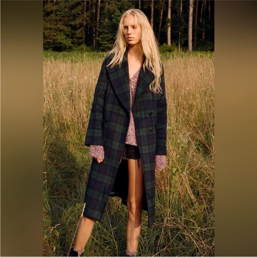 Avec Les Filles Green Navy Plaid Long Coat